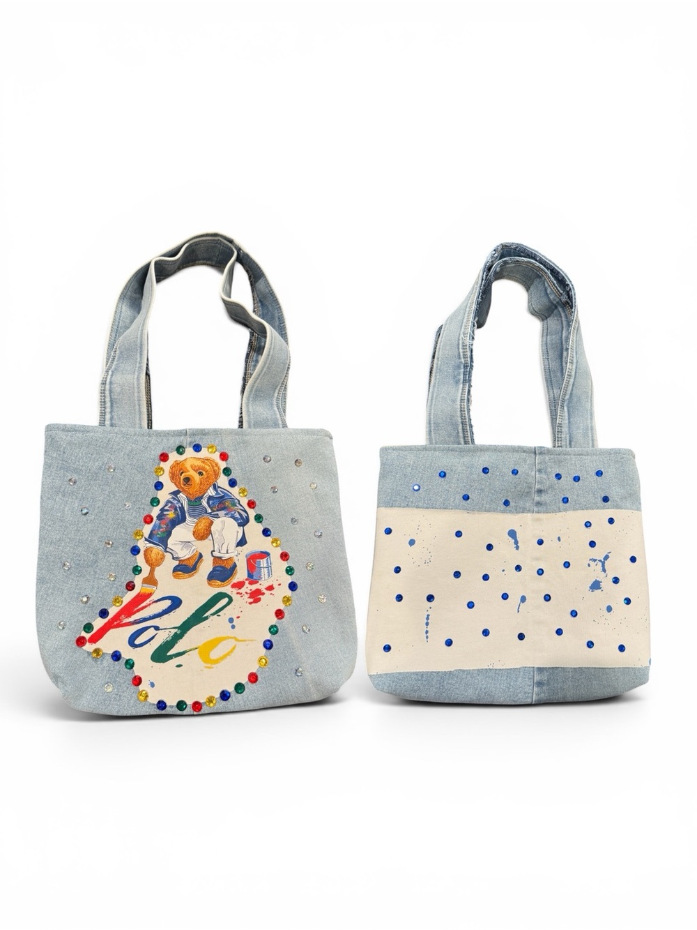 Polo Bear Denim Tote Bag with Colorful Embellishments